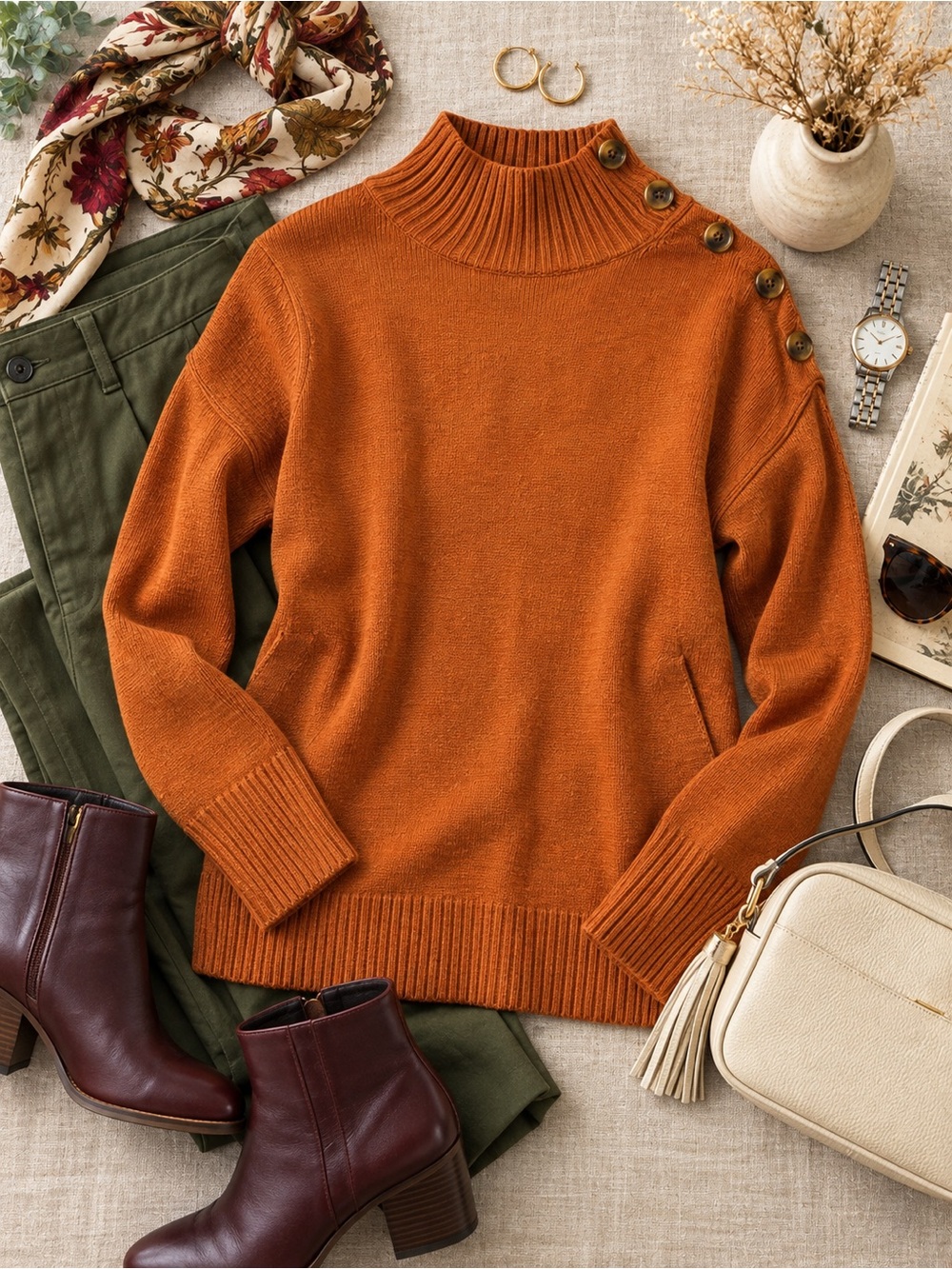 Talbots Rust Button-Shoulder Mock Neck Sweater | Fall Classic